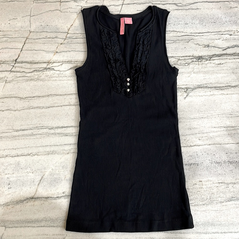 Ribbed Ruffle Deep V Neck Tank Top With Sparkly Round Rhinestone Buttons